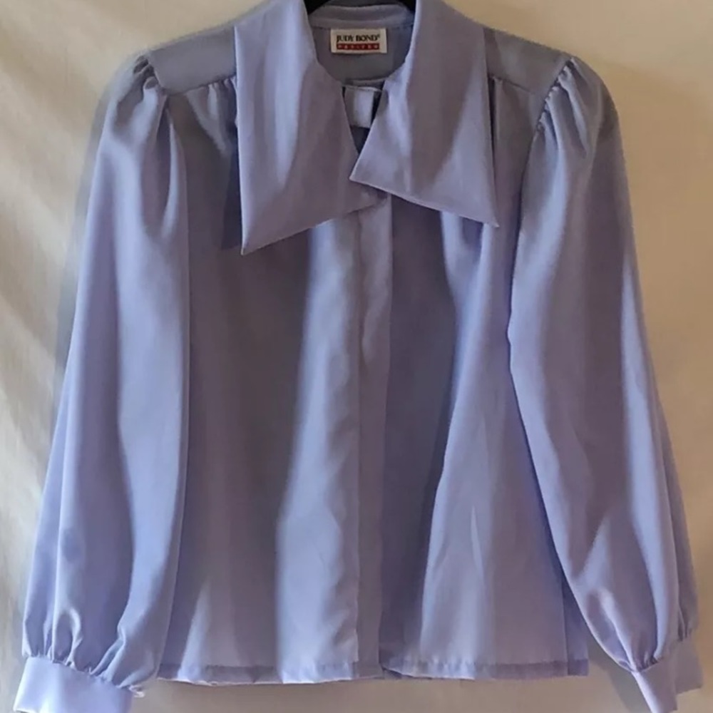 Vtg Judy Bond Womens Lightweight Lavender Long Slv Button Up Blouse Collar Tie